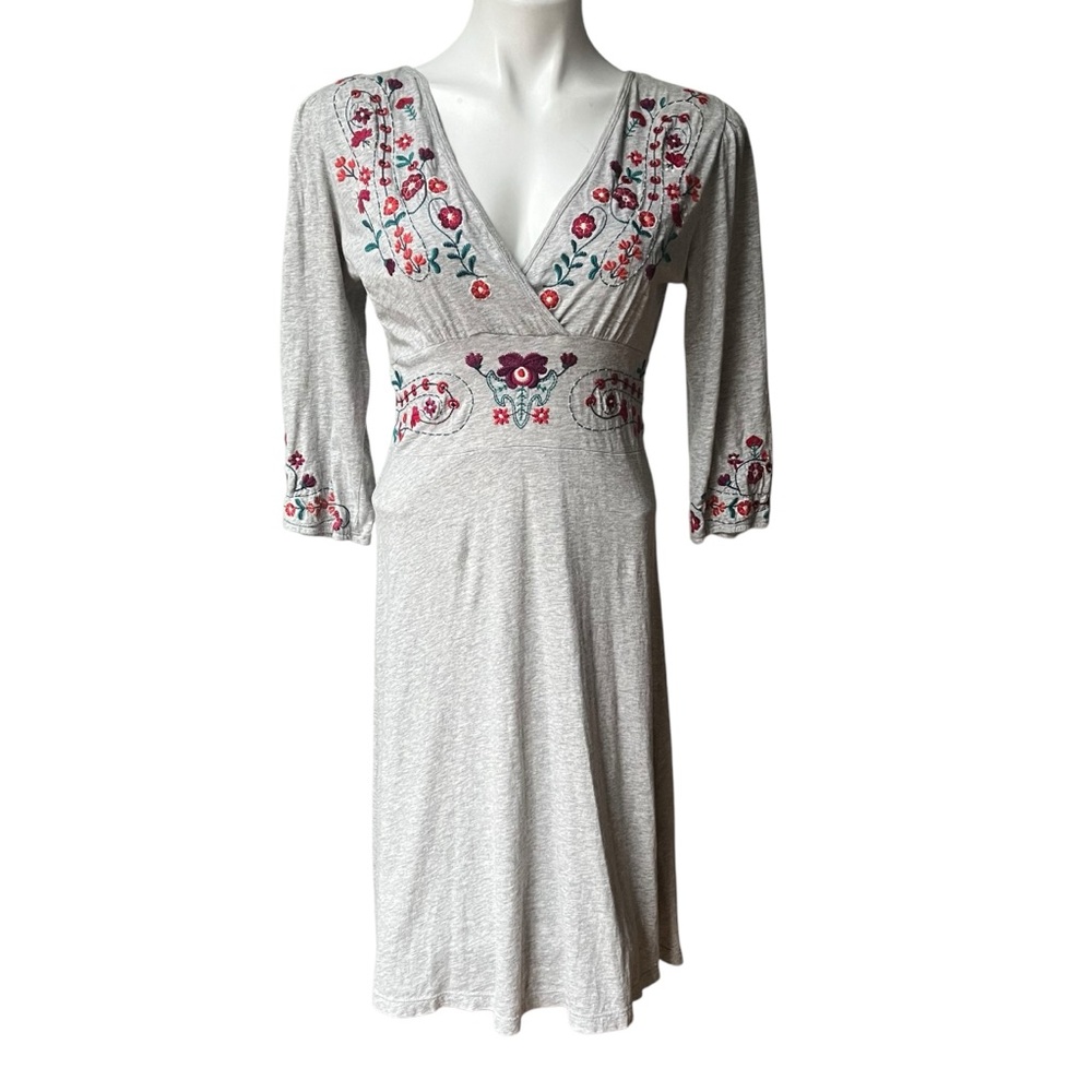 Johnny Was Embroidered V-Neck Tie Back Empire Waist Cotton Dress, Sz XS